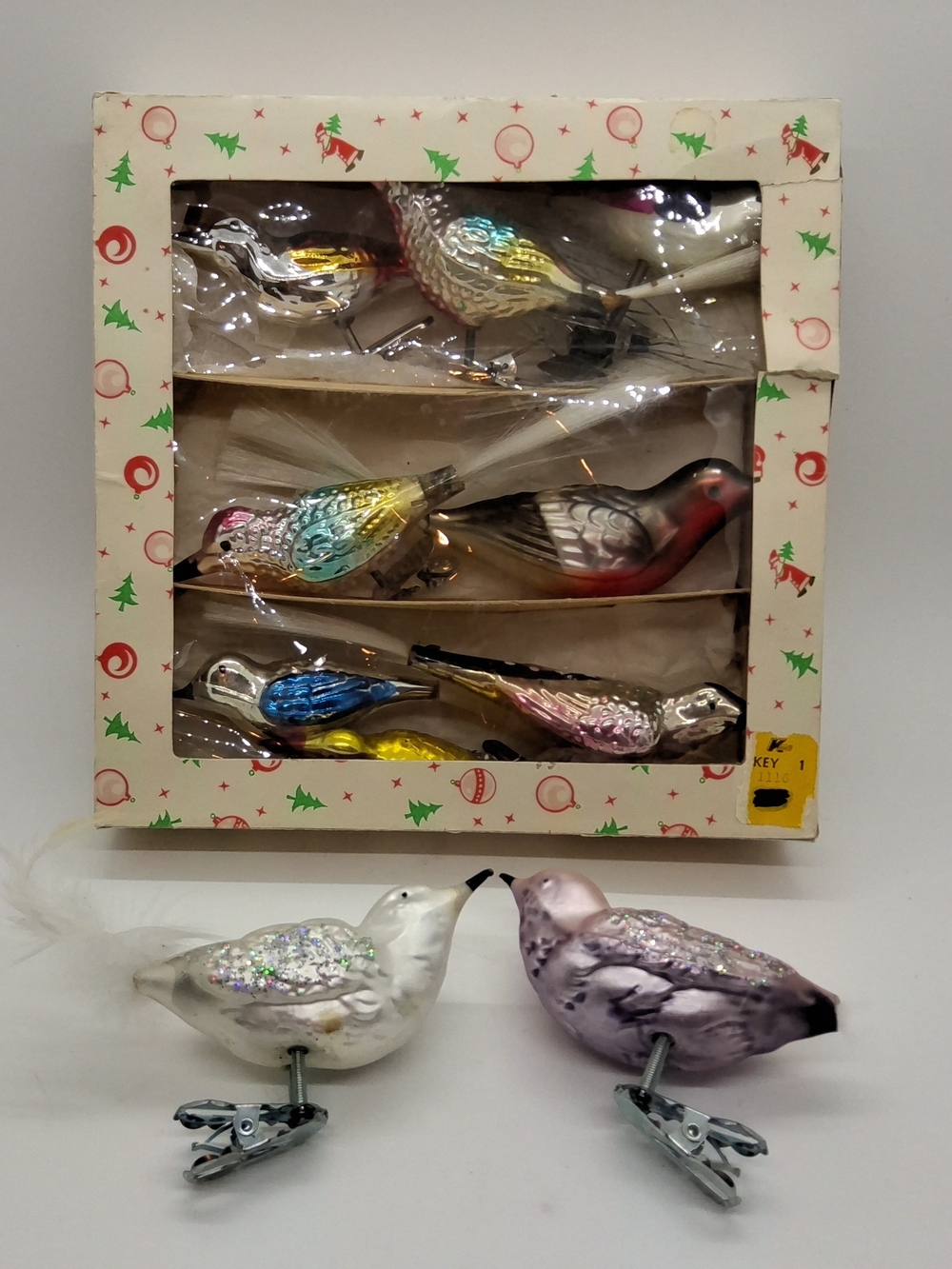 10 West German Antique Mercury Glass Clip On Birds Christmas Ornament, 8 in Box